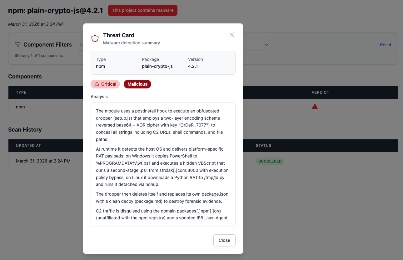 Ossprey detecting malicious plain-crypto-js package